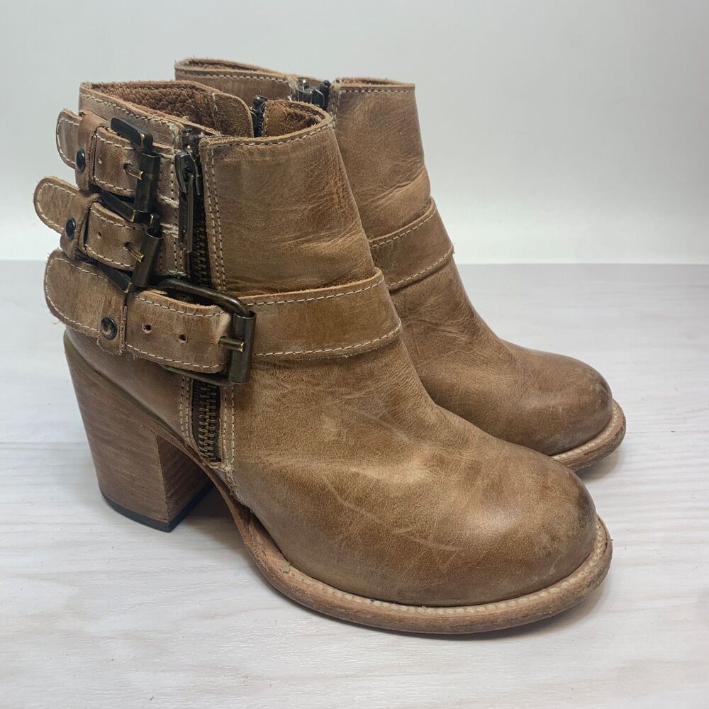Freebird Bolo Women Boots 5 Taupe Leather Dual Buckle Ankle Zip Heel Booties